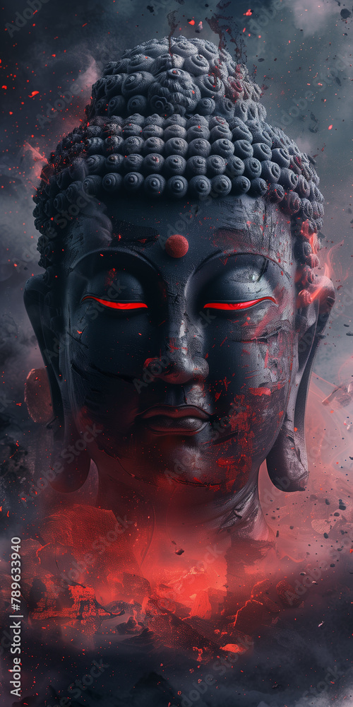 Sinister portrayal of an enraged buddha statue with glowing red eyes ...