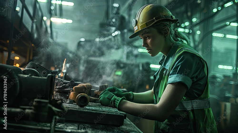 an industrial worker, clad in a green vest and helmet, joyfully engaged in machinery work under global lighting, with maximum detail.