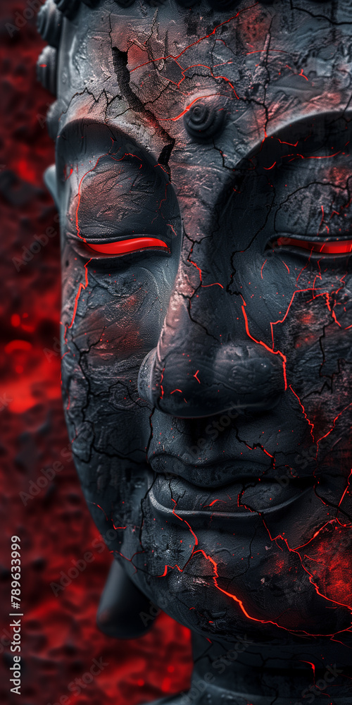 Sinister portrayal of an enraged buddha statue with glowing red eyes ...