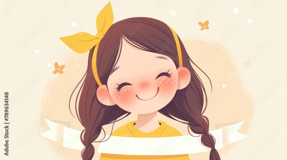2d illustration of a lovely little girl with a beaming smile depicted in a charming cartoon style with a round emblem and an empty ribbon banner 2d illustration of a lovely little girl with a beaming smile depicted in a charming cartoon style with a round emblem and an empty ribbon banner