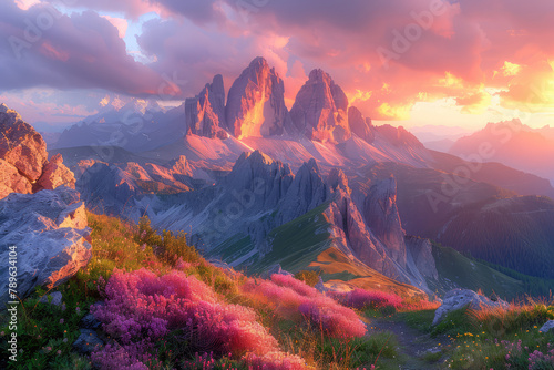 The majestic Dolomites in the Italian Alps, with their sharp peaks and dramatic sunset colors, stand tall against the backdrop of nature's grandeur. Created with Ai