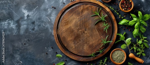 Cooking essentials such as spices, herbs, and a round wooden cutting board on a black concrete background. Overhead view with empty space for text. Suitable for menu, recipe display, or banner design.
