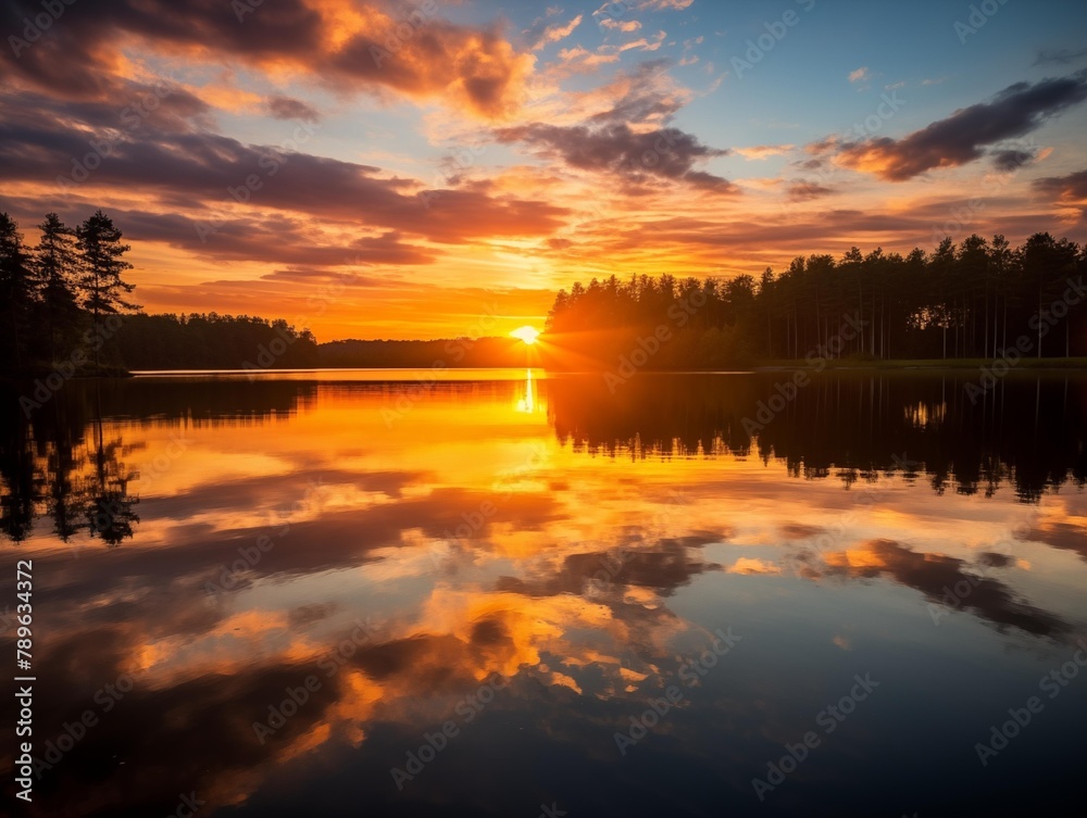 A Photographer Captures Sunset at a Serene Lake in Summer