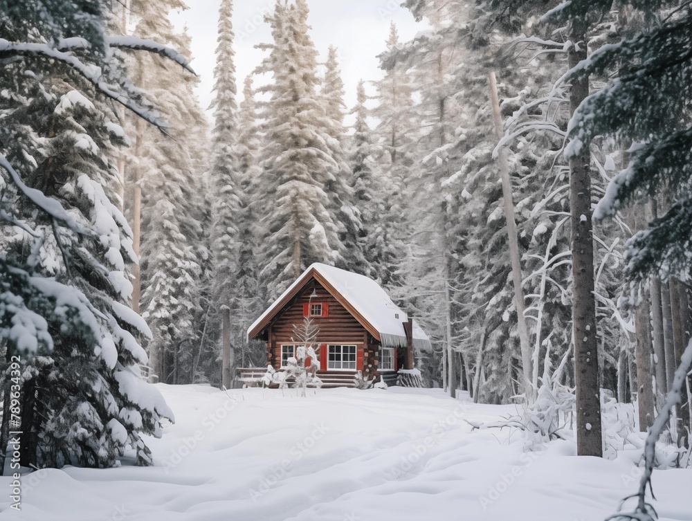 A Secluded Cabin in a Snowy Forest During Winter A Secluded Cabin in a Snowy Forest During Winter