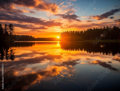 A Photographer Captures Sunset at a Serene Lake in Summer