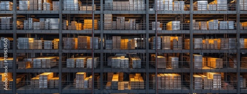 a warehouse with neatly stacked boxes in sturdy racks  highlighting the orderly arrangement and spacious layout.