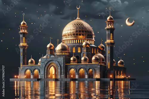 3D illustration of an elegant mosque with gold domes and minarets, glowing at night under the crescent moon light. The mosque is surrounded by water. Created with Ai photo