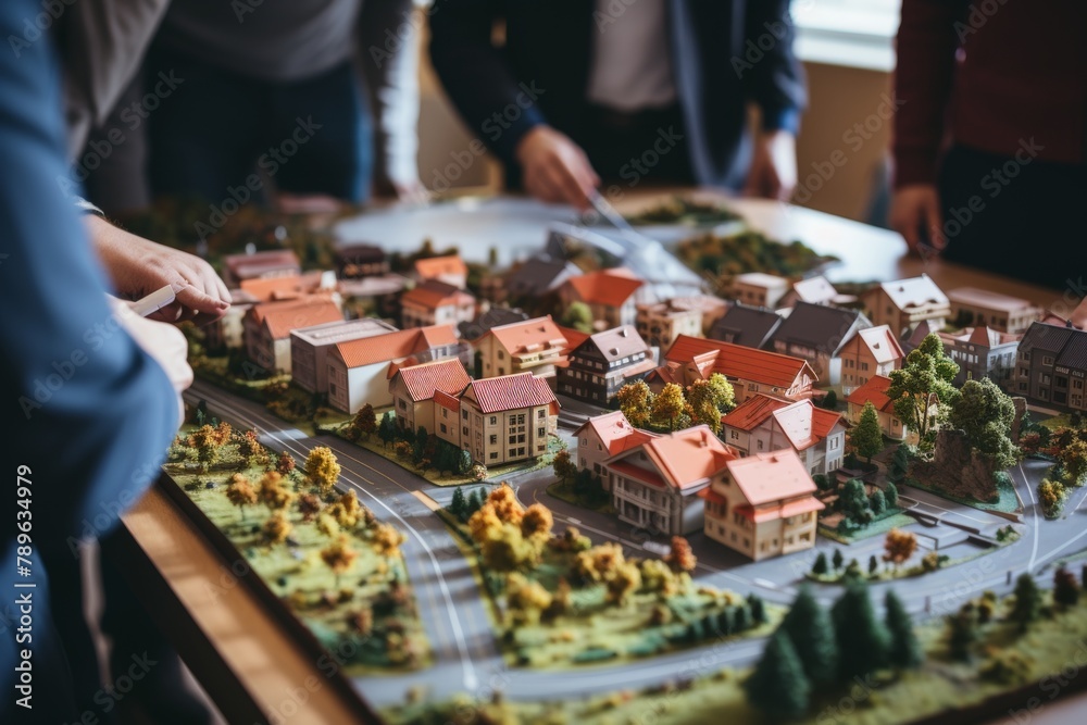 Architects and engineers meeting to select house models for residential complex construction Architects and engineers meeting to select house models for residential complex construction