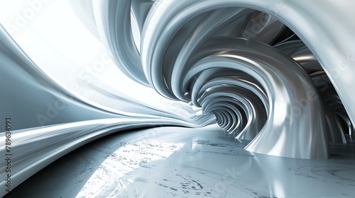 Abstract render of a futuristic tunnel with smooth silver walls. photo