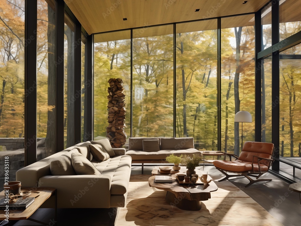 Autumn View from a Modern Forest Retreat Living Room
