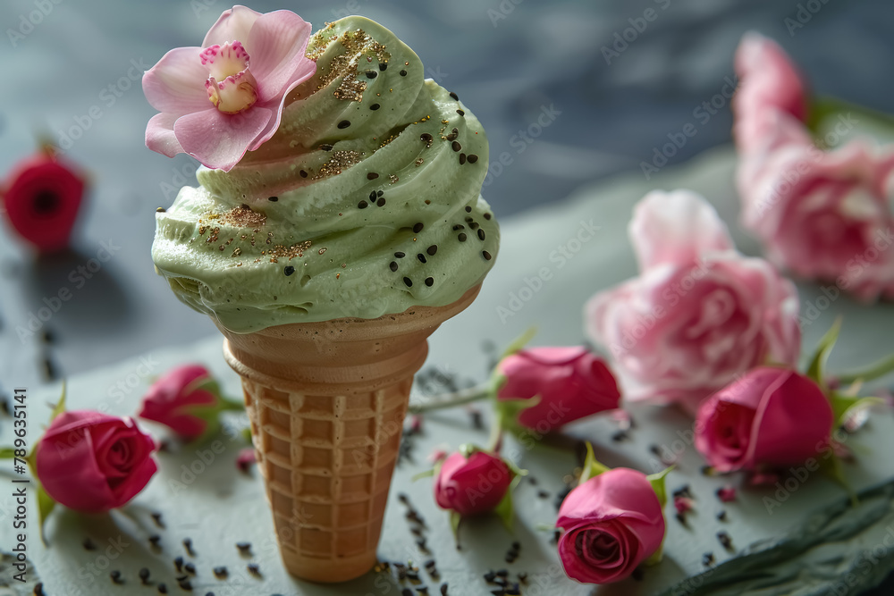 green tea ice cream cone decorated with pink blossoms and golden flakes green tea ice cream cone decorated with pink blossoms and golden flakes