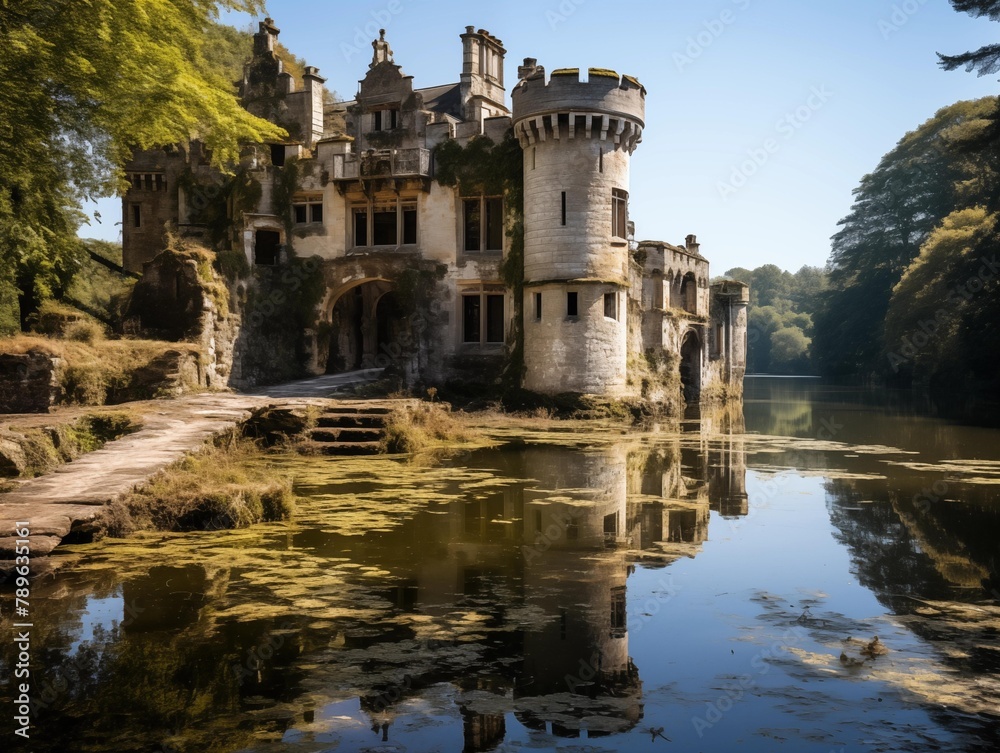 Obraz premium A serene morning at the historic riverside castle