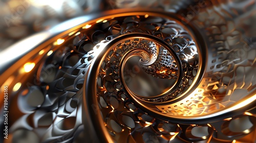 3D rendering of a golden spiral. The spiral is made of a series of interlocking gears. photo