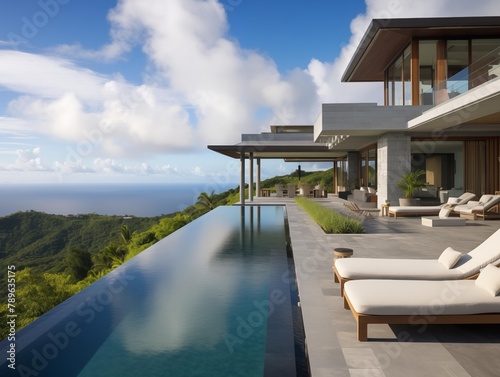 A serene morning at a luxurious hillside villa overlooking the ocean