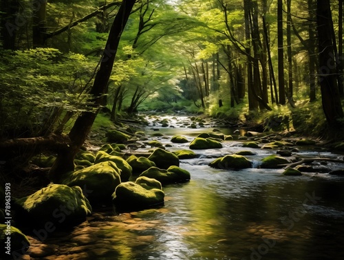 A Serene Morning by the Moss-Covered Stream in the Forest