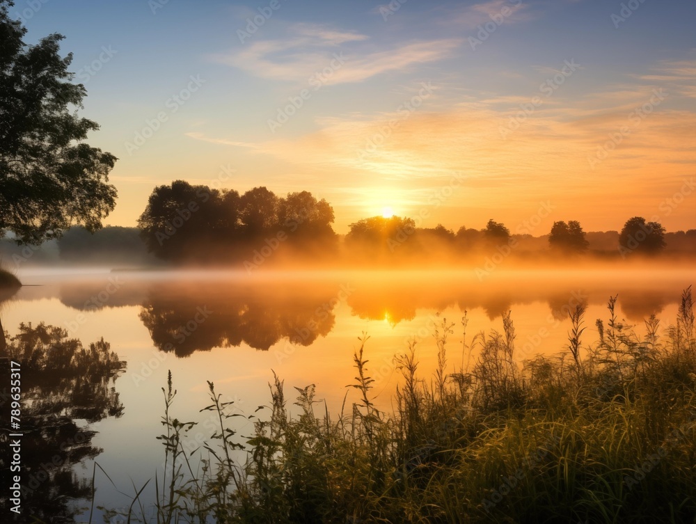 A serene sunrise over a misty lake at the break of dawn