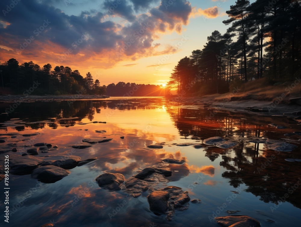 A serene sunset at the forested lakeside on a calm evening