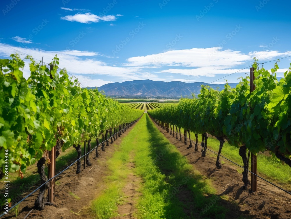 A Vineyard Rows in Broad Daylight with Mountains in the Background