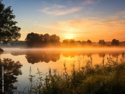 A serene sunrise over a misty lake at the break of dawn