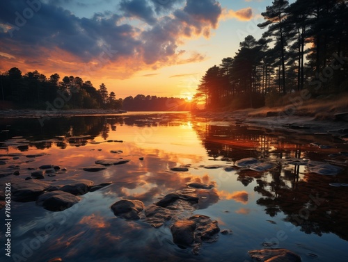 A serene sunset at the forested lakeside on a calm evening