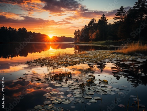 A Serene Sunset Over a Lily-Pad Laden Lake