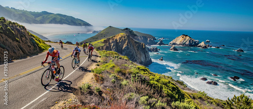 Bicyclists speed along a picturesque coastal road during a thrilling race in beautiful scenery. photo