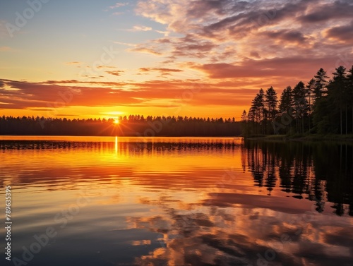 A Tranquil Sunset at the Lake in the Forest