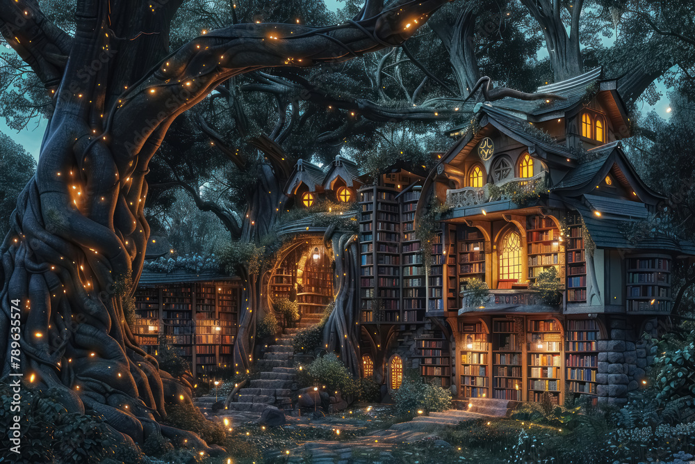 enchanting treehouse library glowing at night in a magical forest