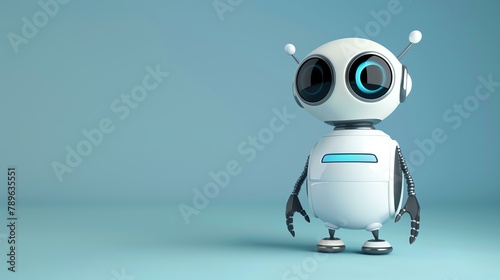 A cute and friendly robot is standing on a blue background. The robot has big blue eyes, a small smile, and is looking at the camera. © Nijat