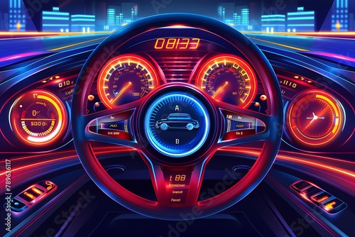 Car dashboard background. Car dashboard modern automobile control illuminated panel speed display vector illustration . © crescent