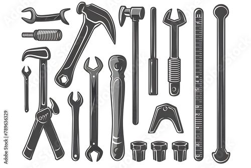 Carpenter tools black icons set. A collection of black house maintenance or renovation working tools isolated icons set of hammer wrench screwdriver and measuring tape vector illustration .
