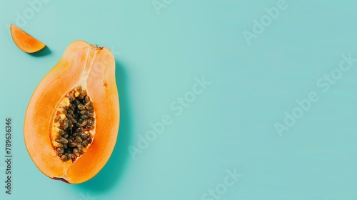 A halved papaya on a blue background. The papaya is orange and has black seeds. The papaya is cut in half and you can see the seeds inside. photo