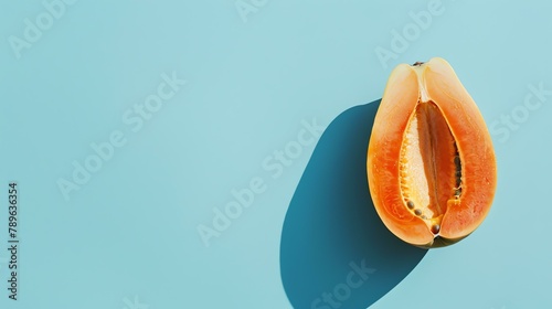 Fresh and juicy papaya isolated on a blue background. The papaya is cut in half, exposing its vibrant orange flesh and black seeds. photo