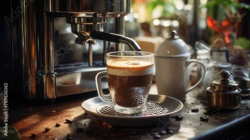 a coffee machine in a cozy atmosphere pours coffee into a cup in a warm light. The concept of home comfort, breakfast and good morning