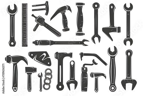 Carpenter tools black icons set. A collection of black house maintenance or renovation working tools isolated icons set of hammer wrench screwdriver and measuring tape vector illustration .