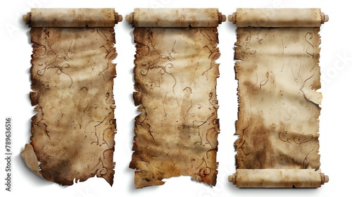 Three ancient scrolls of parchment paper, isolated on white background.