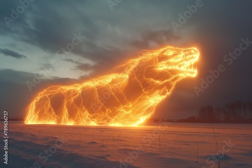 A fantastic dragon, burning with fire, comes out of the water, illuminating everything around with magical ligh photo