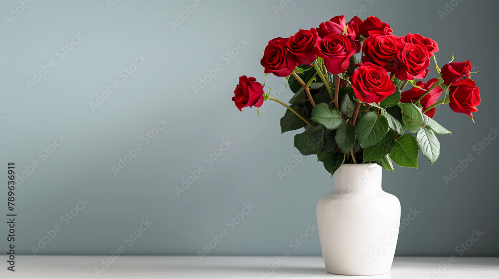Large bouquet of red roses in a vase on a flat light gray studio background Large bouquet of red roses in a vase on a flat light gray studio background