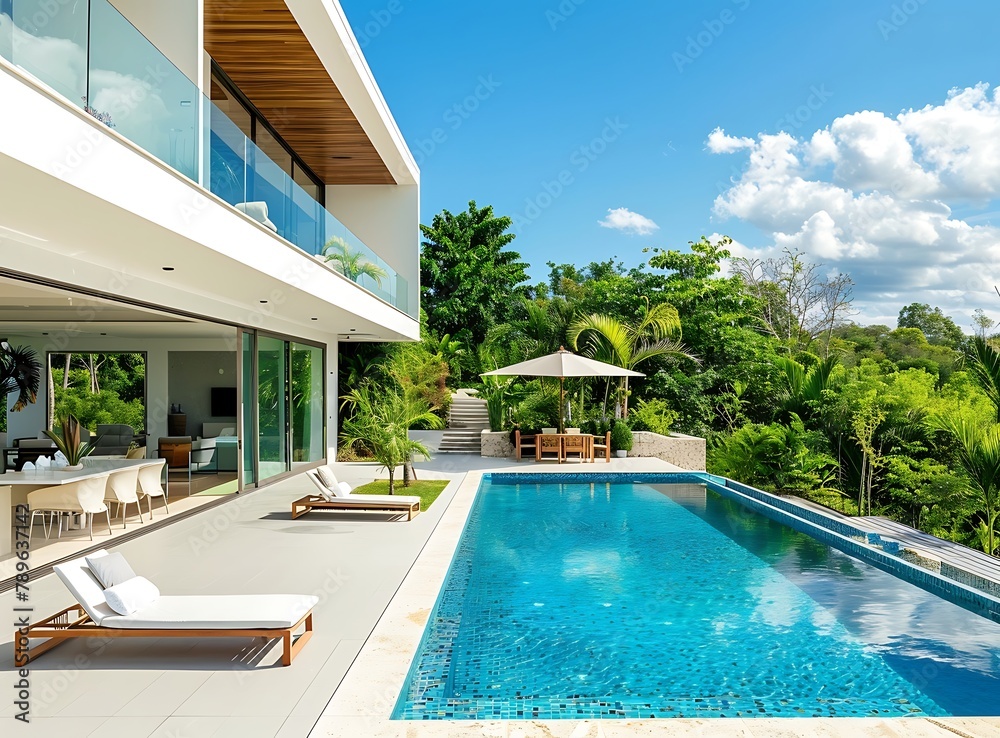 Beautiful modern luxury villa with a swimming pool and garden in the background