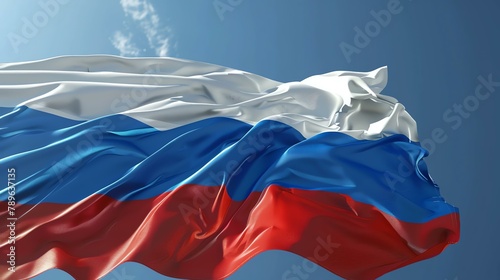 A flag of Russia waving in the wind. The flag is made up of three horizontal bands of white, blue, and red. photo