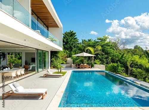 Beautiful modern luxury villa with a swimming pool and garden in the background © Alia
