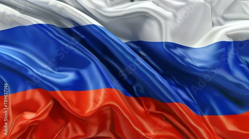 A beautiful waving Russian flag made of silk with a shiny texture. The flag is blowing in the wind and has a 3D effect.