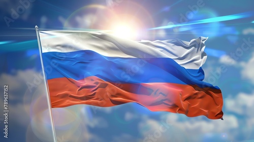 A beautiful waving Russian flag against a bright blue sky with a sun flare in the background. photo