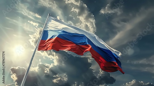 A Russian flag is waving in the wind. The flag has three equal horizontal bands of white, blue, and red. photo