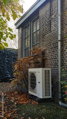 a heat pump installed on the right side of a house wall, showcasing its energy-efficient design and functionality in heating or cooling homes. © lililia