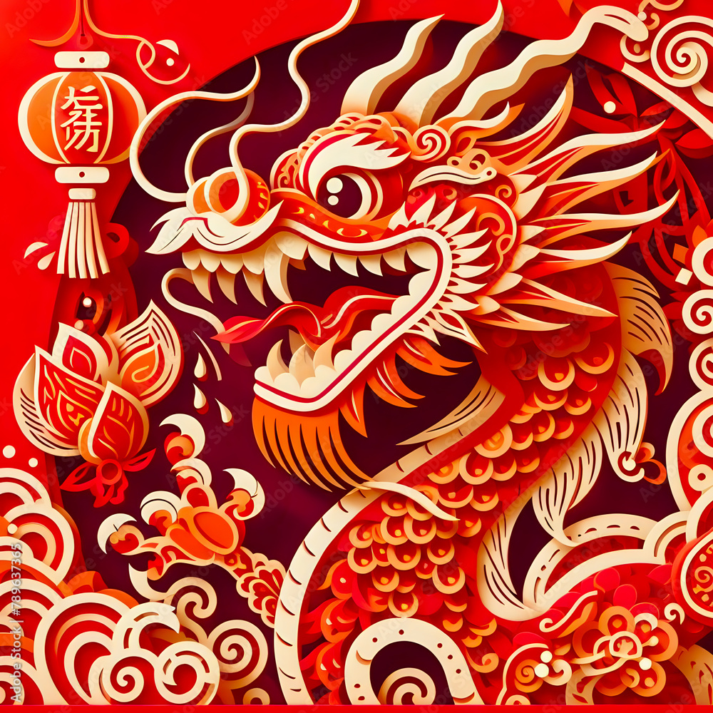 Bright red and yellow dragon.Paper crafts,e. Year of the Dragon in China and East Asia. One of the Chinese zodiac signs. New Year of the Dragon 2024