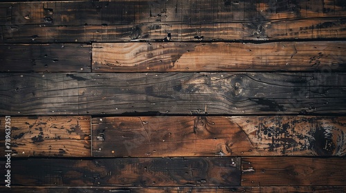 The image is a close-up of a wooden wall. The wood is dark and has a rough texture. photo