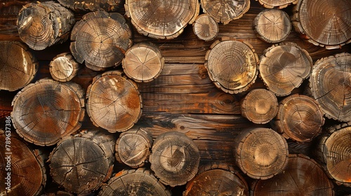 Rustic wooden background with a stack of round wooden logs. The logs are of different sizes and have a variety of natural wood grain patterns.