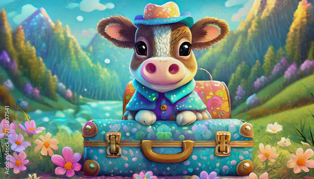 Fototapeta premium oil painting style CARTOON CHARACTER CUTE baby cow sitting on open suitcase the pet in the trip