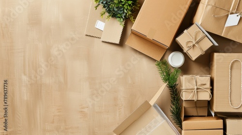 A pile of cardboard boxes with a green plant on top